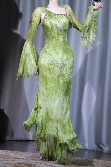 Niulatu Green Sheath Long Prom Dresses Chiffon Beaded Evening Dress Asymmetrical Neck Formal Dress with Cape HZ1031